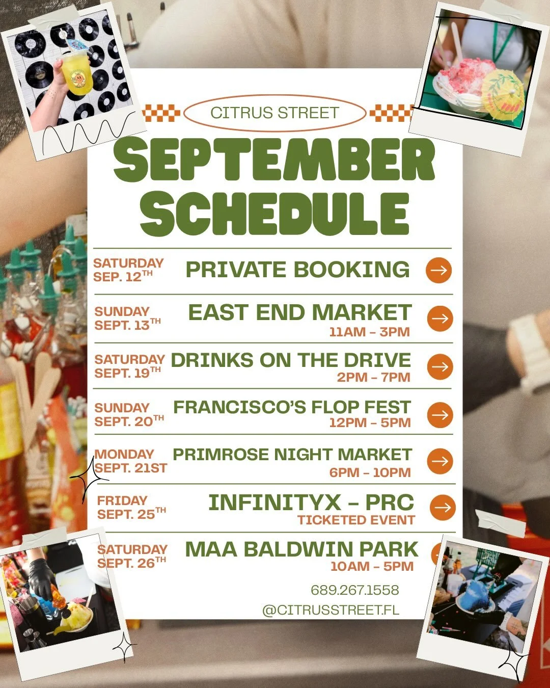 September Schedule 🍊

Be on the lookout for more pop-ups throughout the month! Is there anywhere you&rsquo;d love to see us? 
&bull;
&bull;
&bull;
#orlando #popupmarket #shaveice #refresher #supportlocal 

👀 This is the last month for You&rsquo;re 