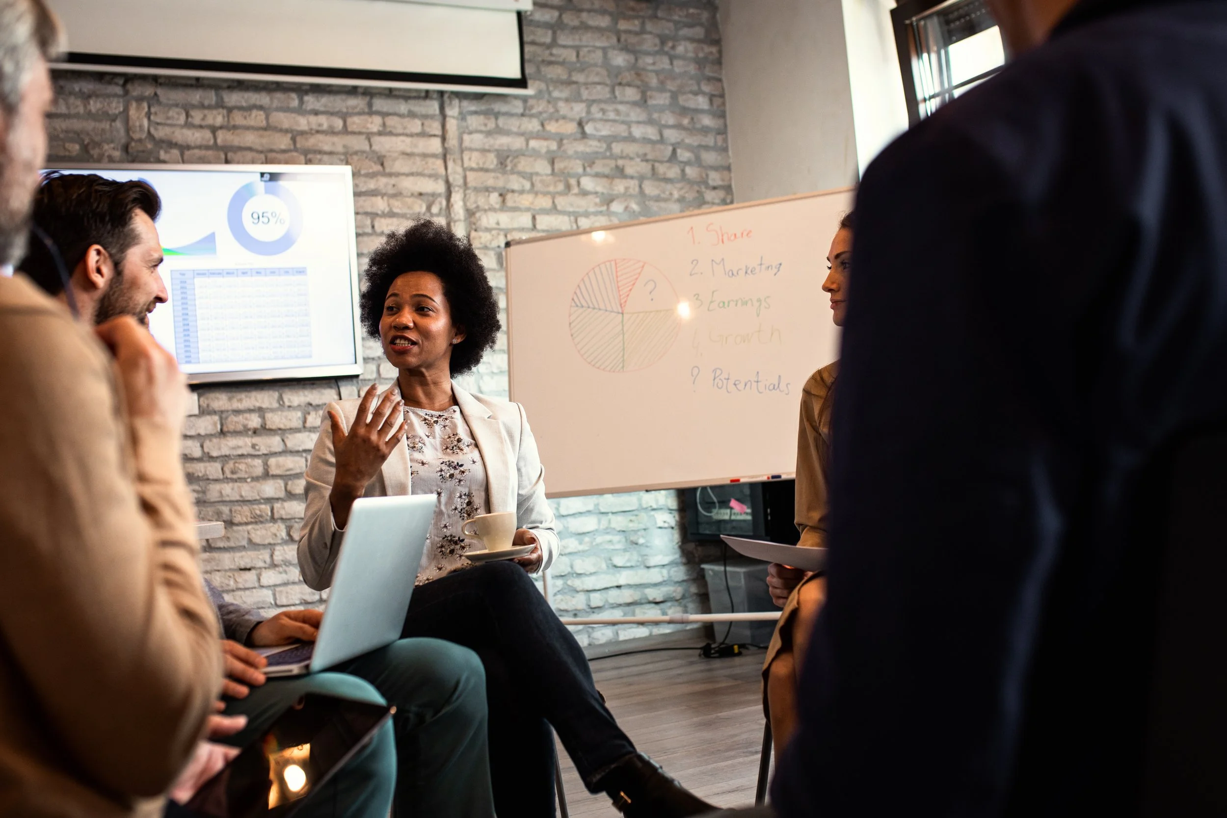A woman with curly hair is leading a discussion in a business meeting, holding a coffee cup and gesturing with her hand. Four other people are seated around her, one with a laptop on their lap. Behind her, a whiteboard shows a pie chart and a list with items like Share, Marketing, Earnings, Growth, and Potentials. A large screen displays a chart with a 95% segment. The room has a brick wall and a window, indicating a modern office setting.