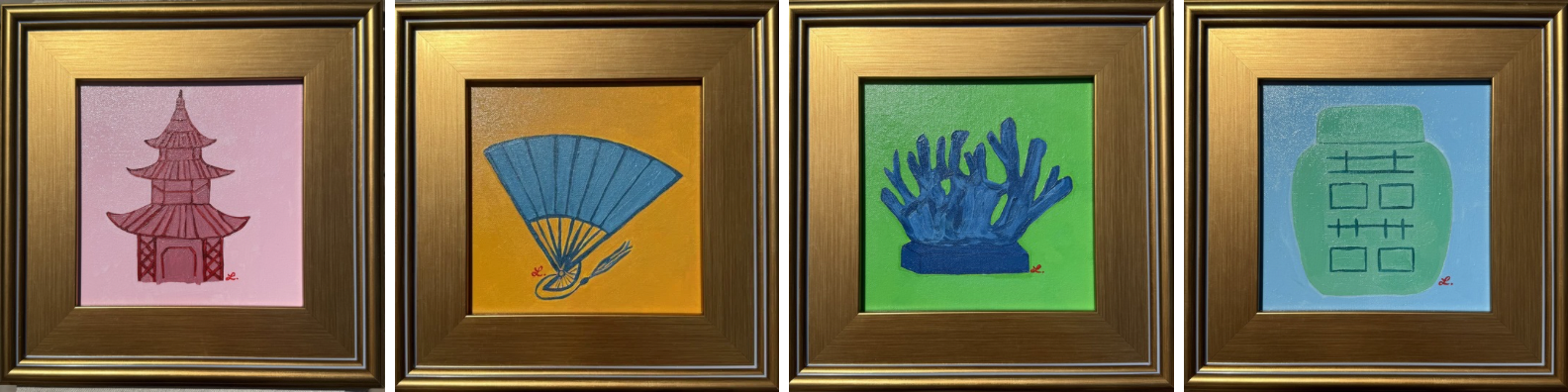 Four framed paintings with Chinese cultural symbols: a pink background with red pagoda, a yellow background with a blue fan, a green background with blue coral, and a blue background with a green jade container.