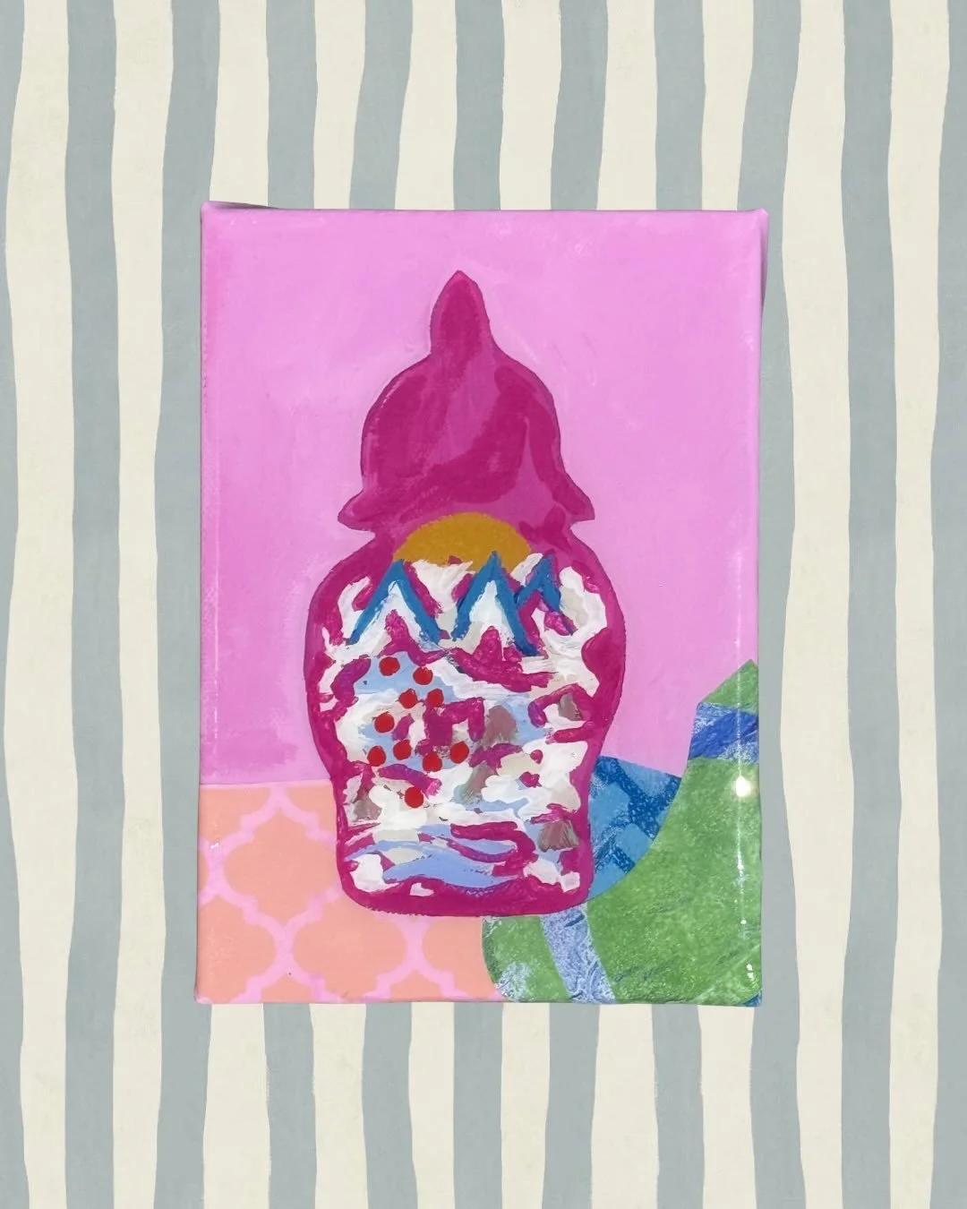 Big maximalist energy, mini canvas. ✨ Kicking off a brand new mini-series today! Meet The Little Happies&mdash;a trio of 5x7 mixed media ginger jars designed to bring a little dose of pure joy to your space. First up is The Fuchsia Happy...

The Fuch