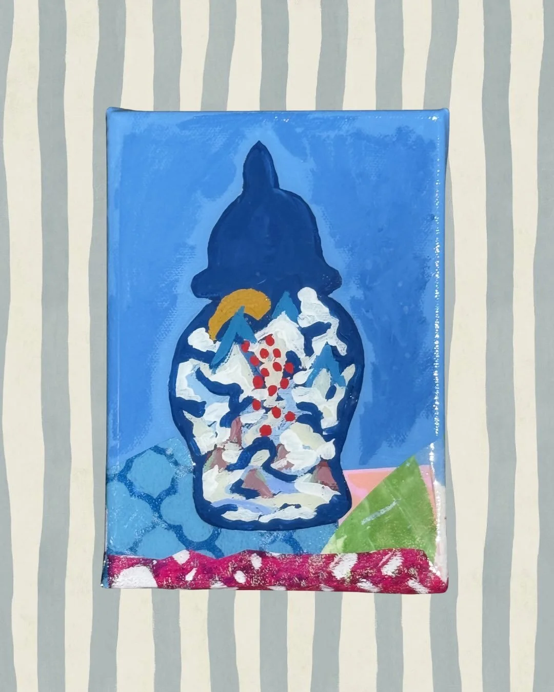 Classic cobalt blue, but make it maximalist. 🌀 Day 2 of my new mini-series is here! Meet The Cobalt Happy&mdash;the second 5x7 mixed media ginger jar designed to bring a giant burst of joy to a tiny space.

She is officially live on the site for $52