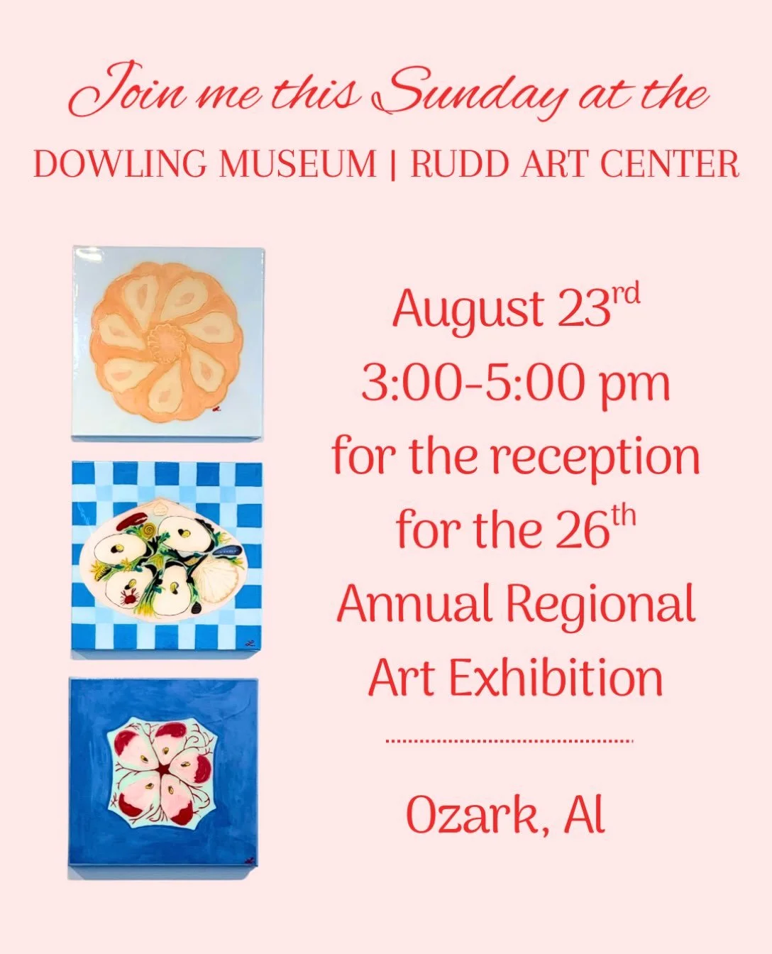 So excited to be part of the 26th Annual Regional Art Exhibition this weekend! 🎨✨

I&rsquo;d love for all of my sweet friends and family to come out, see the show, and hang out!

🗓 Sunday, August 23rd
⏰ 3:00 PM &ndash; 5:00 PM
📍 Dowling Museum | R