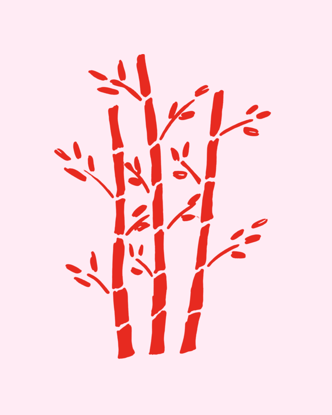 Red bamboo stalks with leaves on a pale pink background.