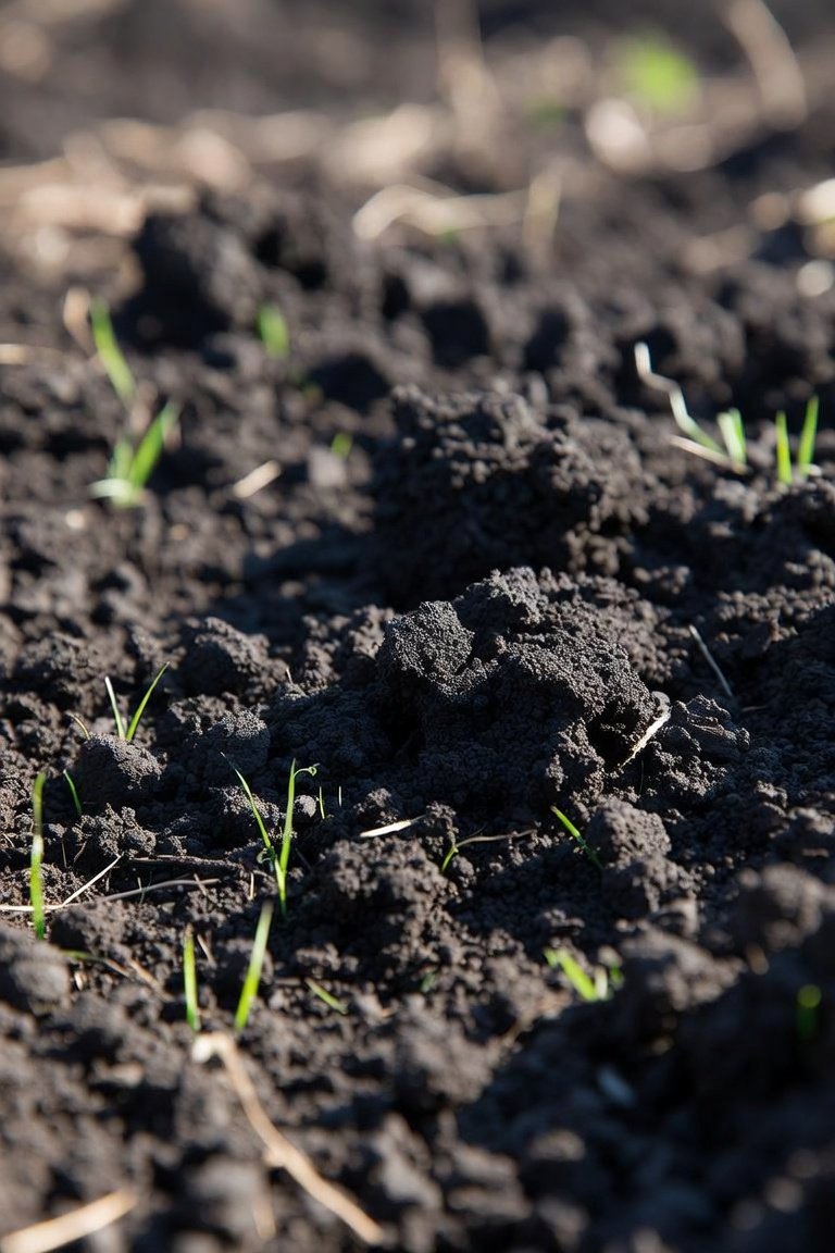 Close-up of dark soil with small green sprouts emerging