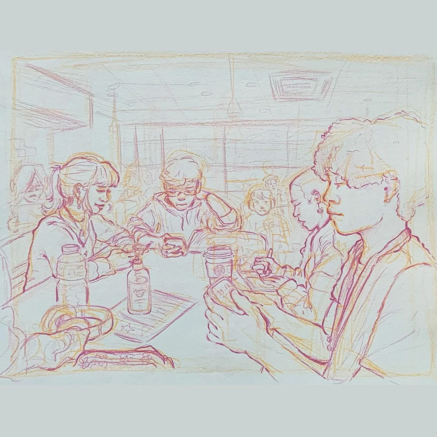 cafe study + some quick attempts at me figuring out gouache 🥹 

gouache has definitely been a struggle but i can feel myself gettin better w every attempt 😤
..
#cafedrawing #coloredpencilart #gouachepaint #gouachestudy #newmedium .
