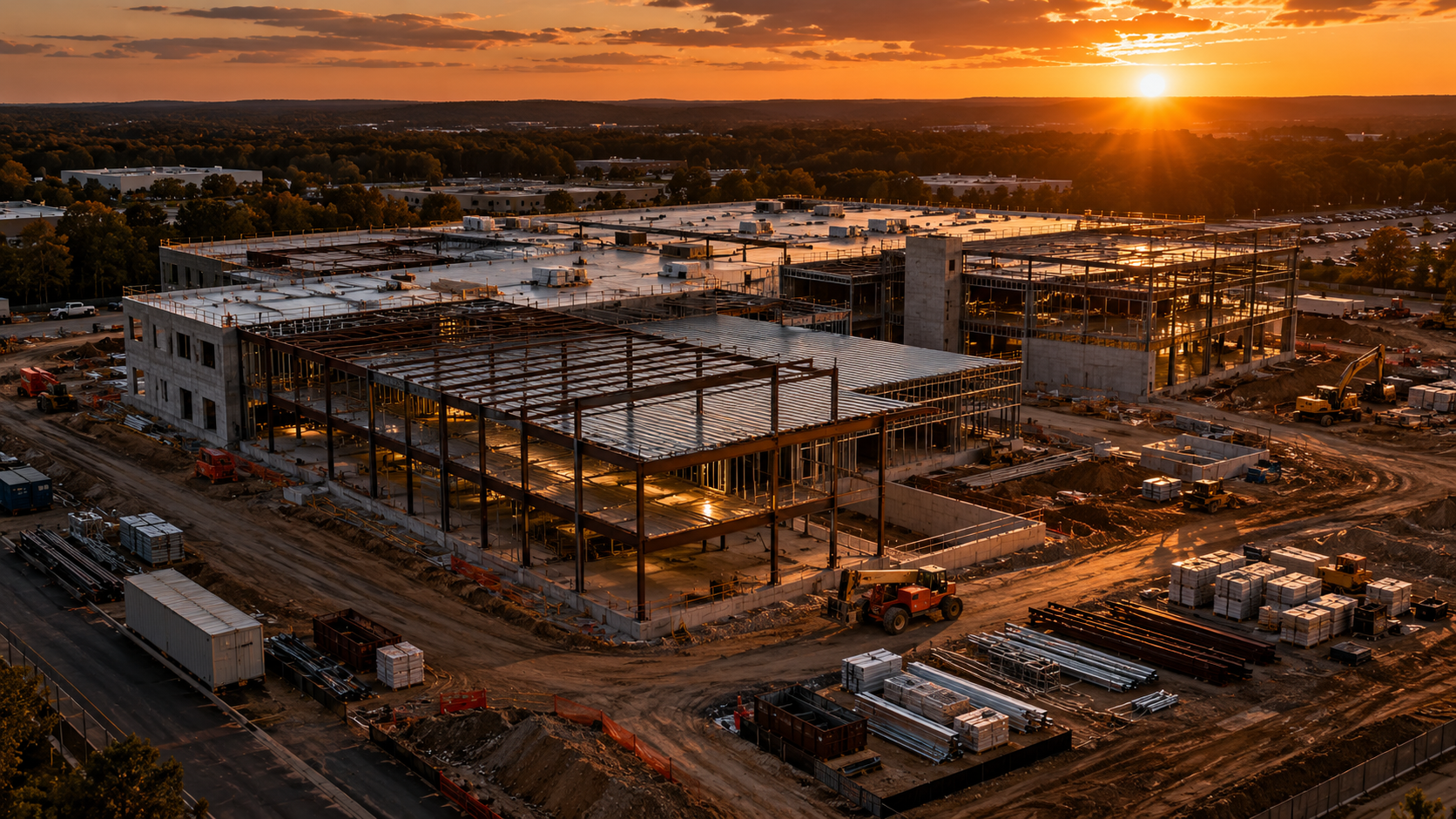 Illustrative aerial view of a construction site at sunset