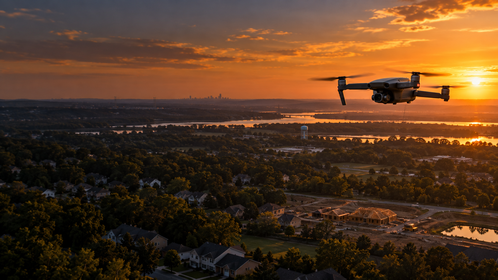 Illustrative camera drone over a New Jersey landscape at sunset