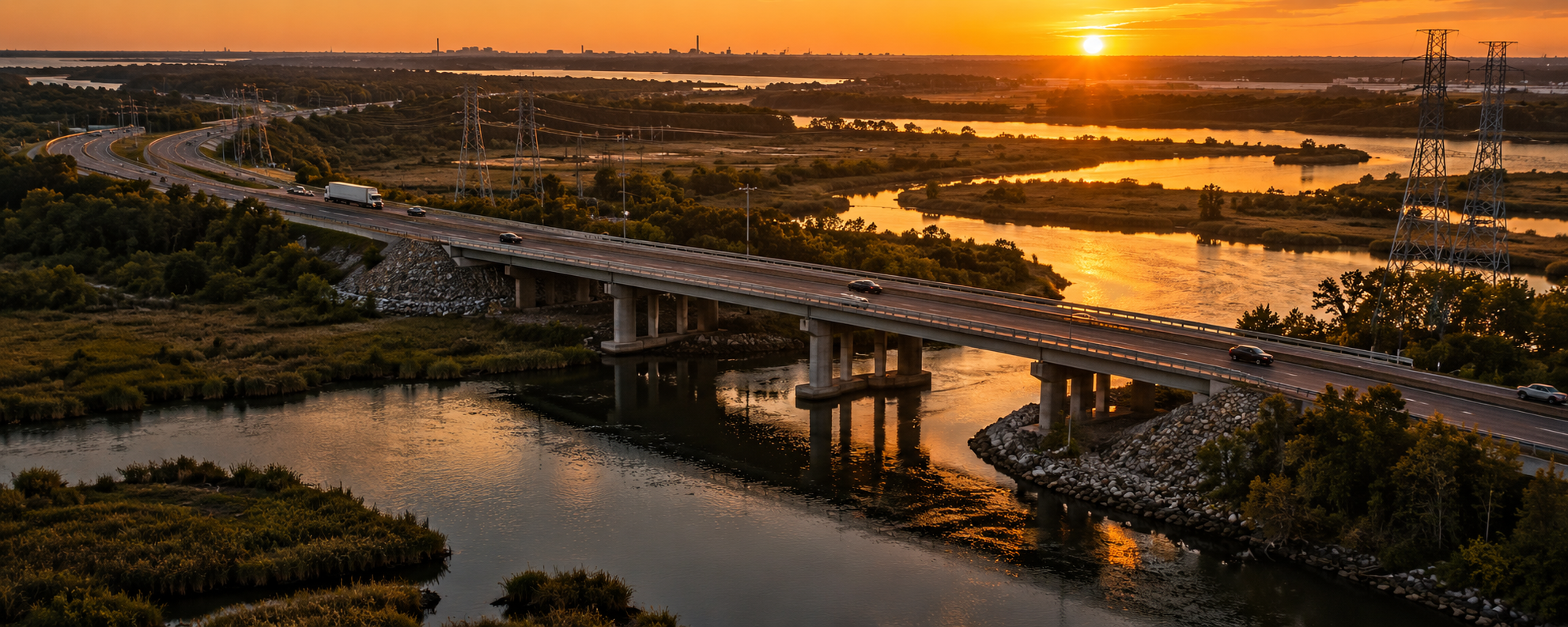 Illustrative aerial view of a bridge and utility corridor at sunset