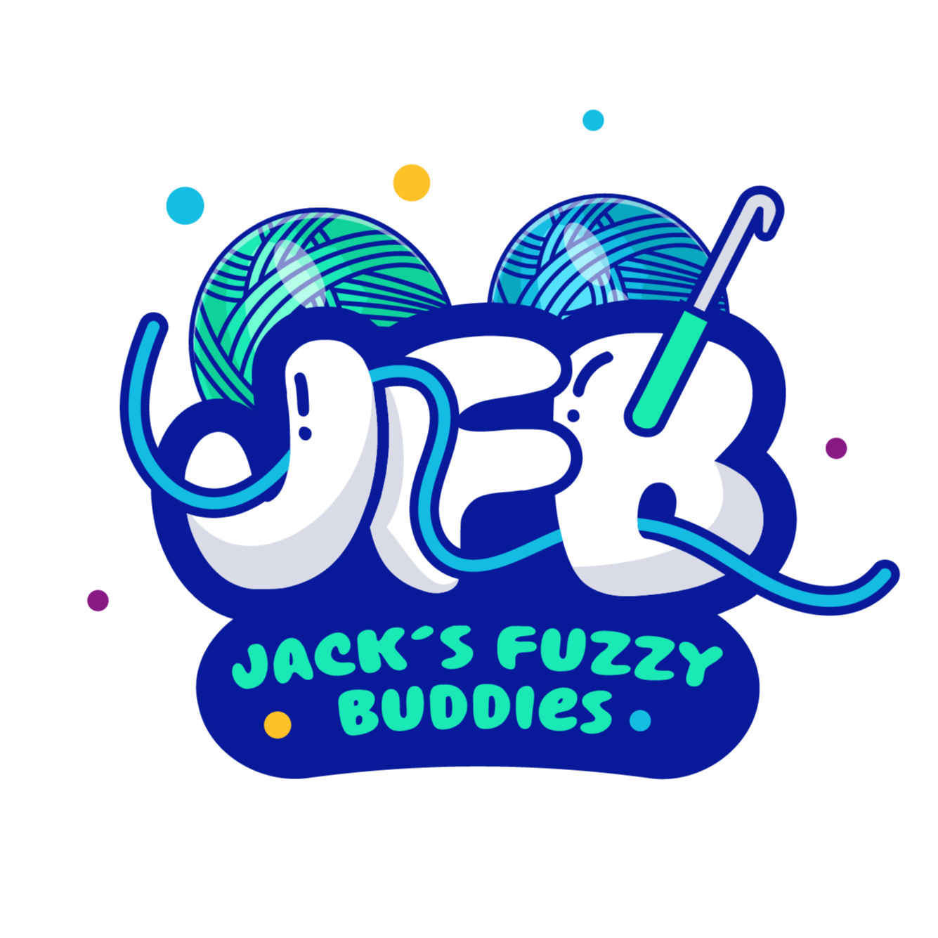 Colorful logo with the words 'J3K' in large stylized white letters, and 'Jack's Fuzzy Buddies' in smaller green letters underneath. The logo features illustrations of yarn balls, a yarn needle, and a crochet hook, suggesting a knitting or fuzzy animals theme.