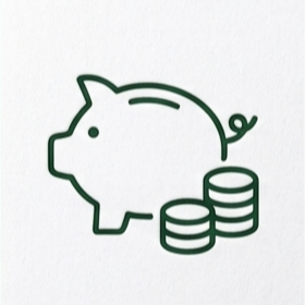 Outline of a piggy bank with three stacked coins beside it.