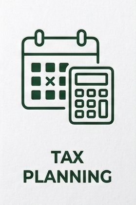 A calendar and calculator icon with the words "Tax Planning" below, representing financial planning.
