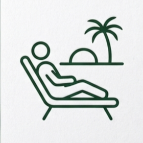 Simplistic line drawing of a person lounging on a pool chair with a small island and a palm tree in the background.