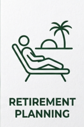 Line drawing of a person relaxing on a lounge chair with a palm tree and island in the background, with the text 'Retirement Planning' below.
