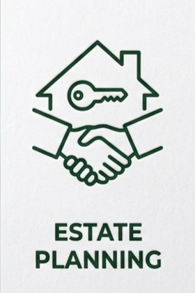Outline of a house with a key inside and two shaking hands beneath, with the text 'ESTATE PLANNING' below.