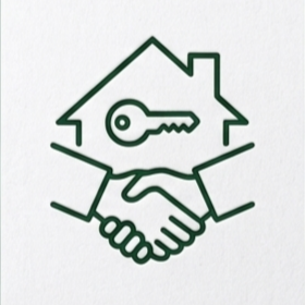Illustration of a house with a key inside and hands shaking in front, symbolizing real estate and agreements.