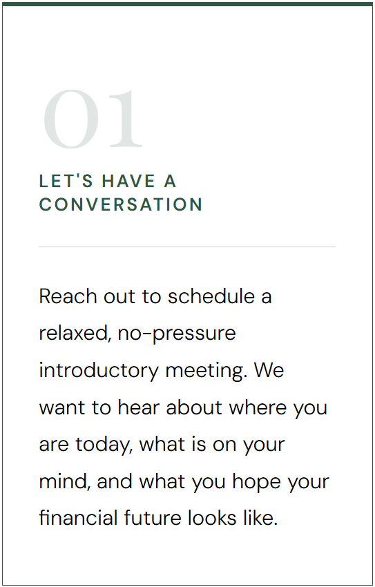 Guide encouraging scheduling a relaxed, no-pressure introductory meeting to discuss financial goals and future outlook.