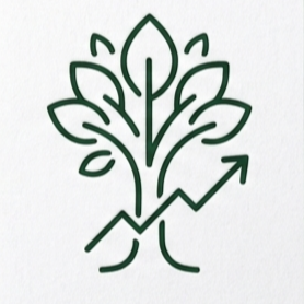 A stylized tree with leaf-like branches and a line graph arrow rising upward, representing growth or progress.