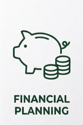 Icon of a piggy bank with coins and the text 'Financial Planning' underneath.
