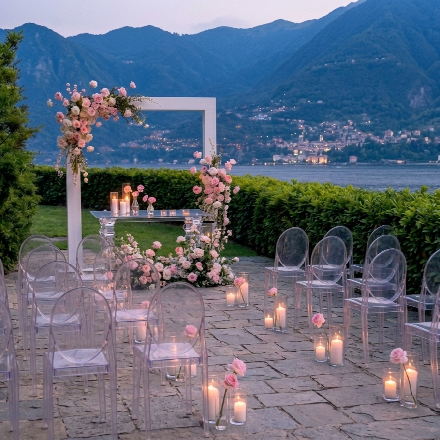 Outdoor wedding ceremony setup with transparent chairs, candles, and pink flowers against a backdrop of mountains and a body of water.