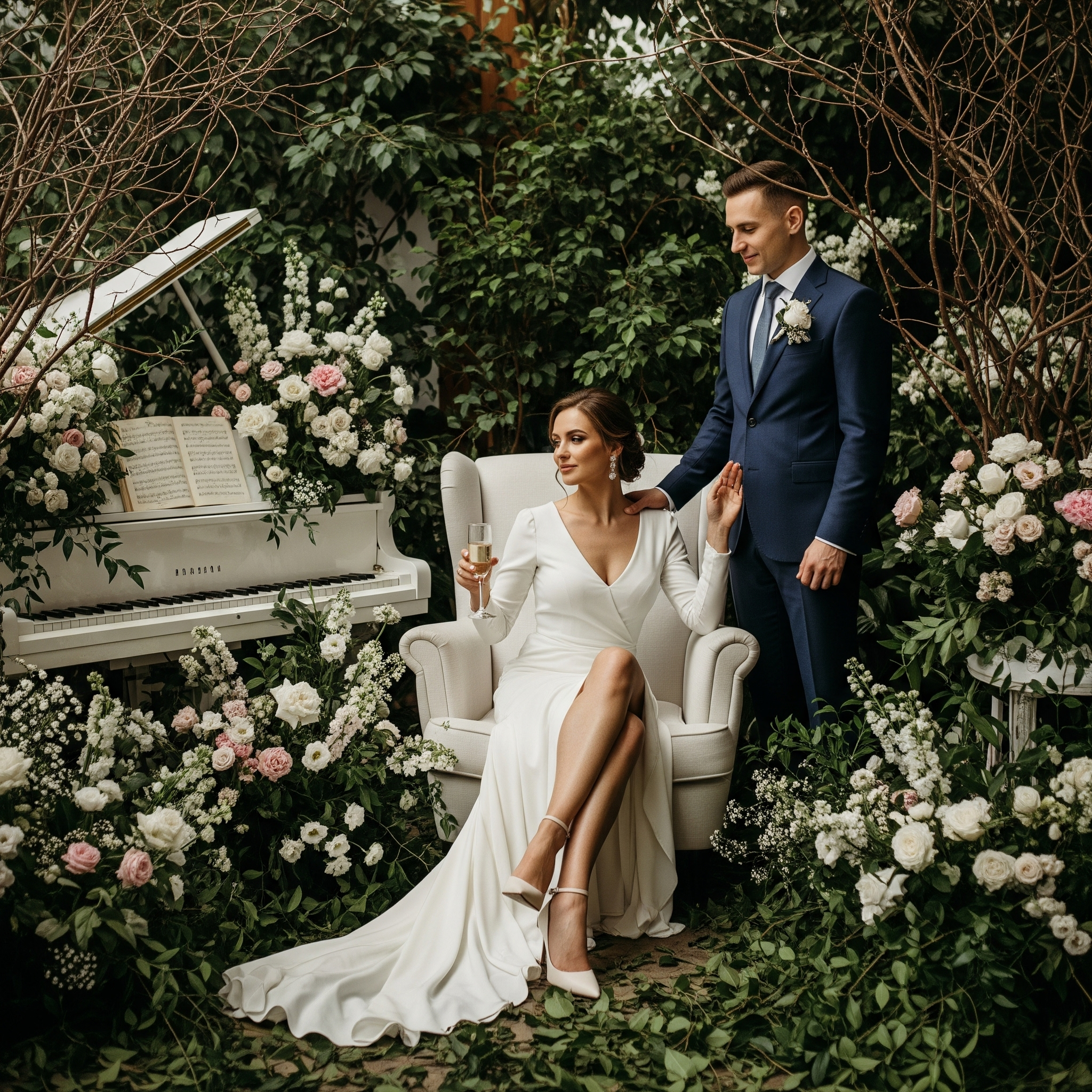 A bride in a white wedding dress sitting on a white chair with bare legs and high heels, holding a glass of champagne, in front of a wedding altar surrounded by white and pink flowers, a grand piano, and greenery. A groom in a navy suit and white shirt stands beside her inside a garden or outdoor setting.