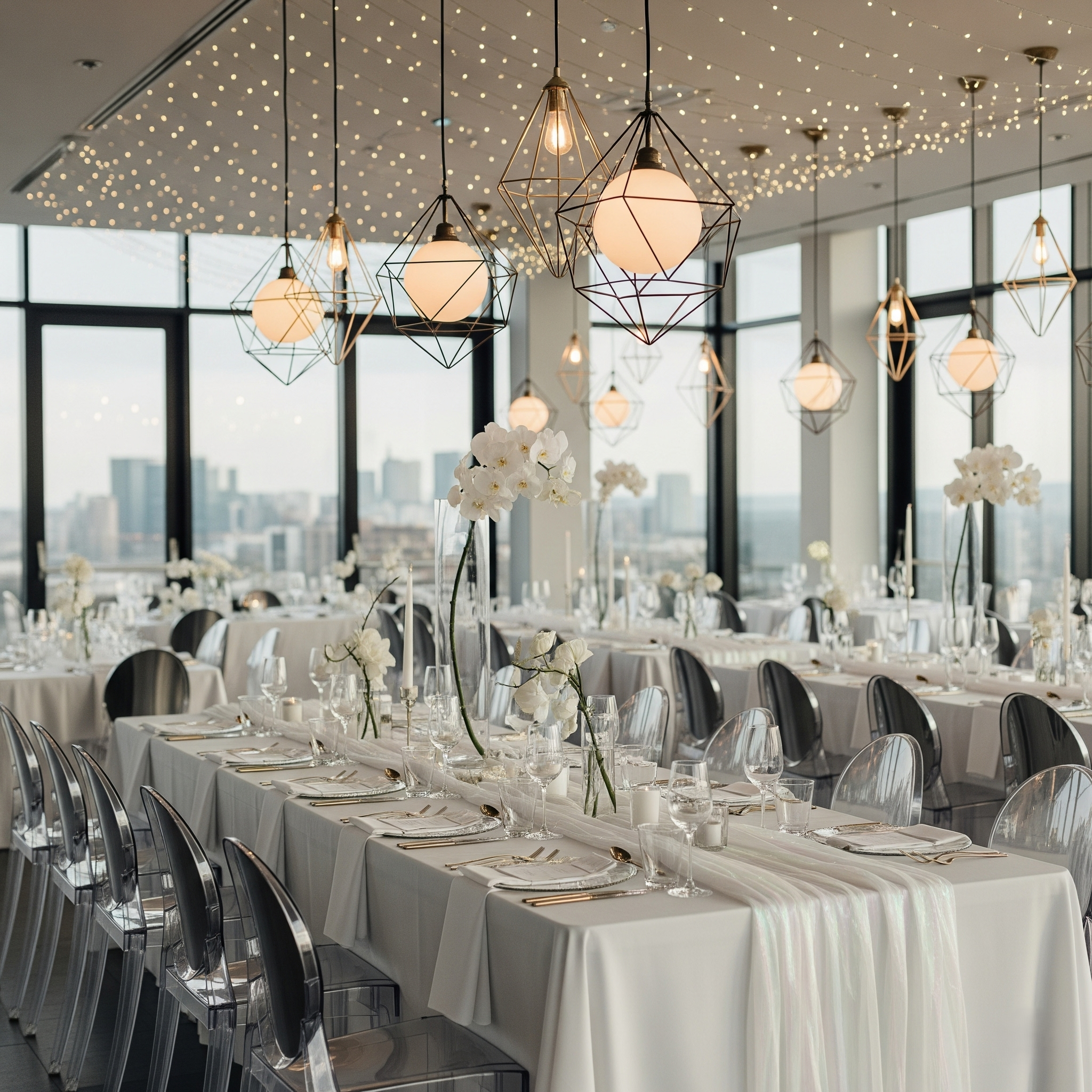 Elegant banquet hall decorated with white floral centerpieces, white tablecloths, and modern pendant lights, with large windows revealing a city skyline.