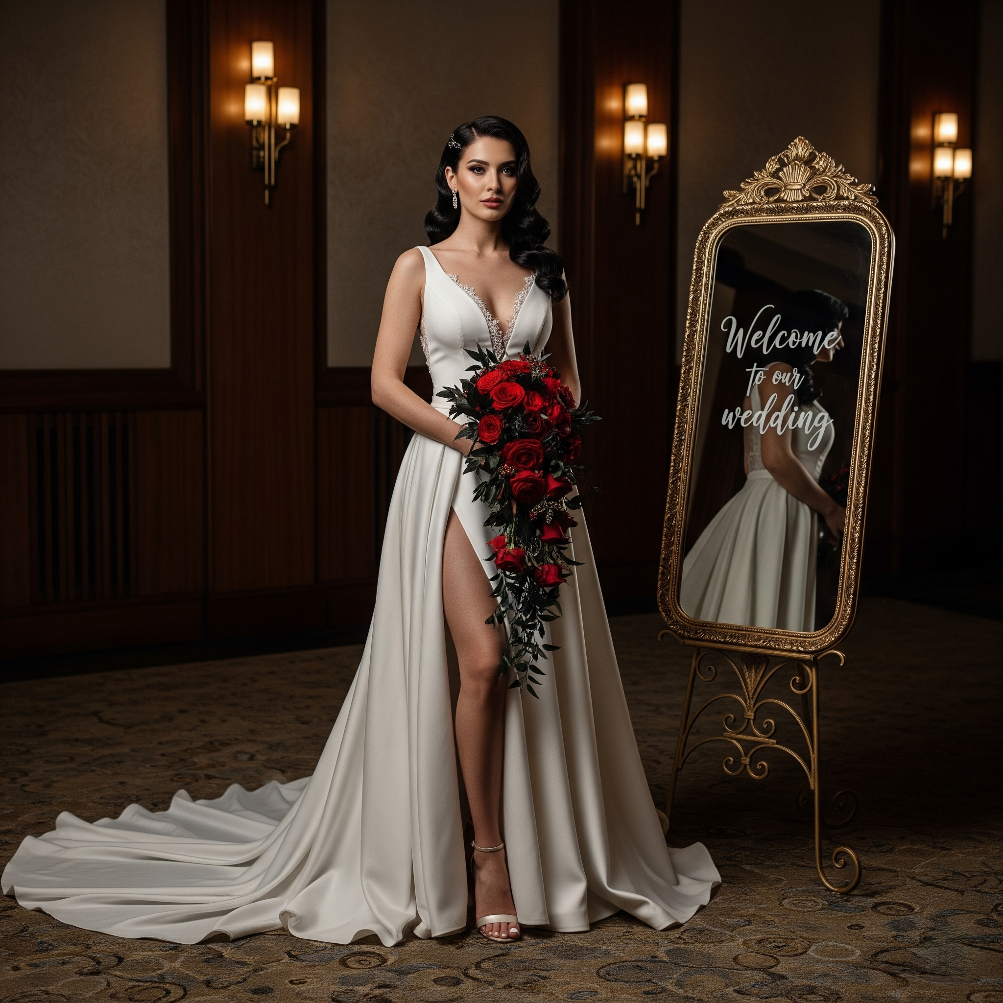 A bride stands in a hotel room holding a bouquet of red roses, wearing a white wedding gown with a high slit, and looking at the camera. There is a gold-framed mirror on her right with the text "Welcome to our wedding" reflected on it. The room has wooden wall panels and wall sconces.