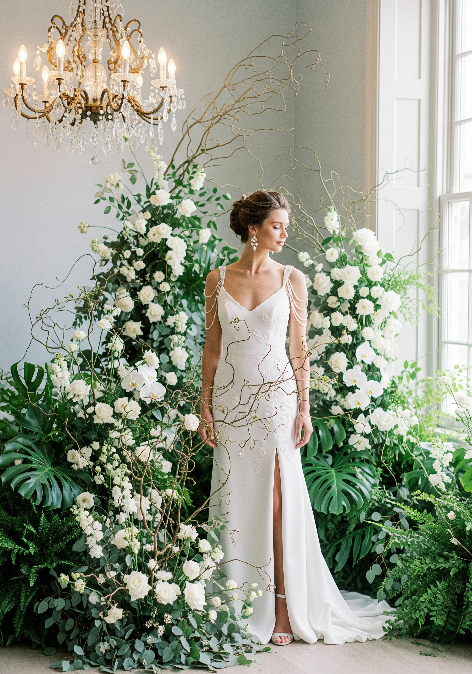 A bride in a white wedding dress stands amidst lush green plants and white flowering arrangements, near a large window with sunlight streaming in, under a crystal chandelier.