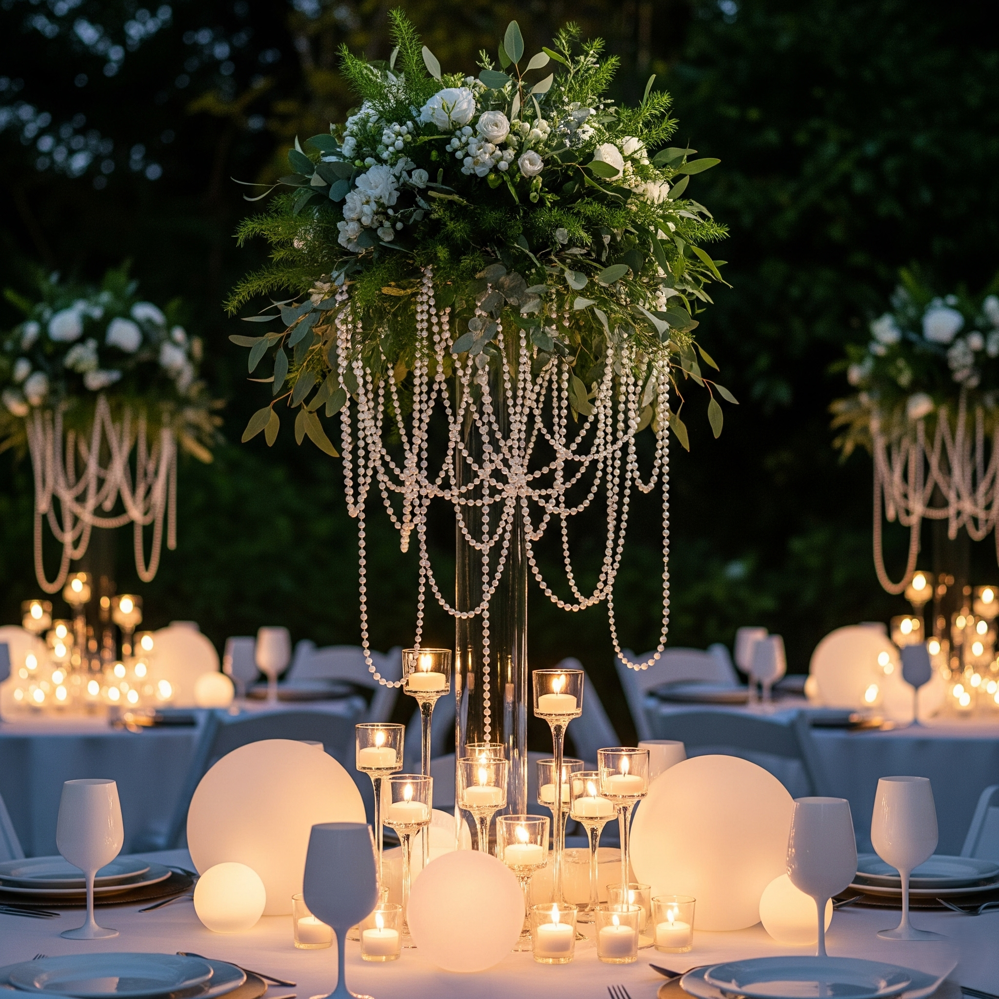 A wedding or special event table centerpiece features white flowers, greenery, hanging bead decorations, and multiple candles in glass holders, illuminated in low light outdoors.