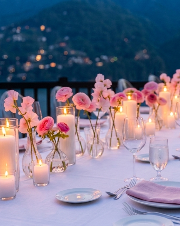 An elegant outdoor dinner table decorated with pink flowers and candles against a scenic mountain view at dusk.