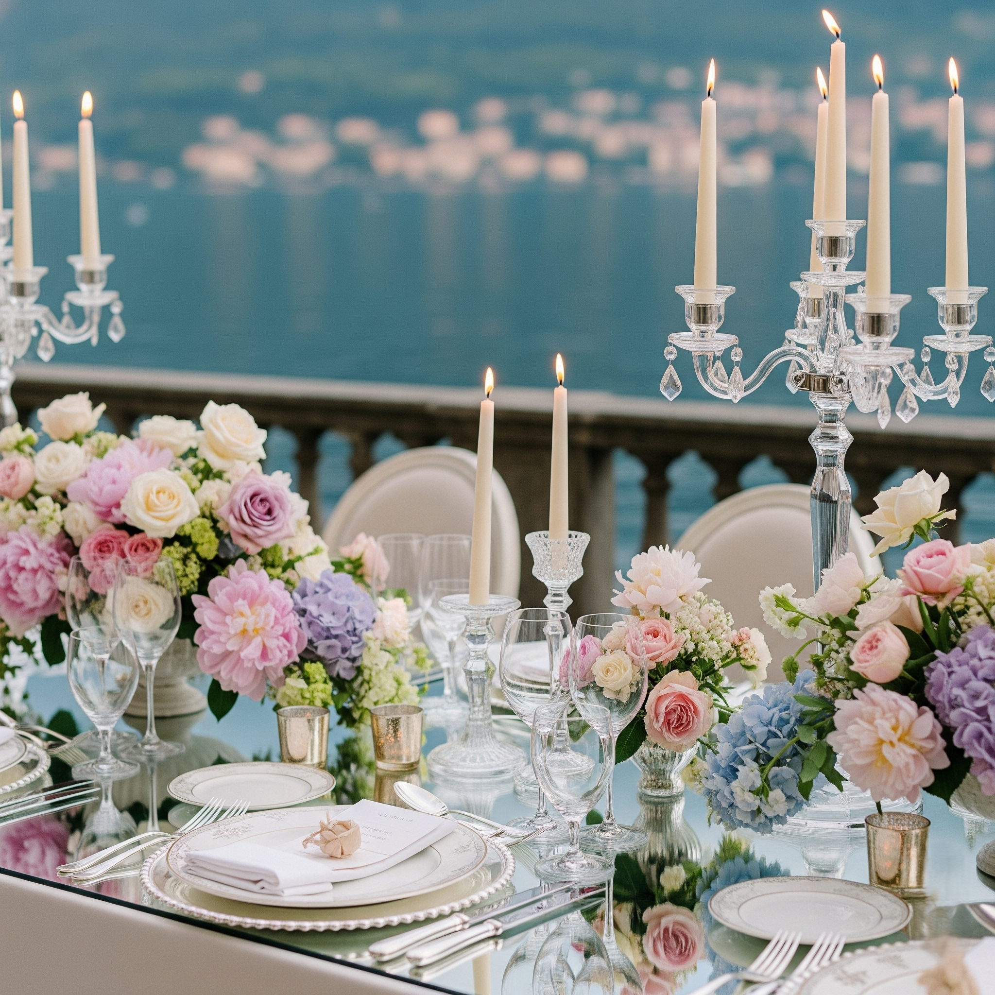 Elegant dining table decorated with tall white candles in crystal candle holders and surrounded by an abundance of pastel-colored flowers, including roses and hydrangeas, set against a blurred blue seascape backdrop.