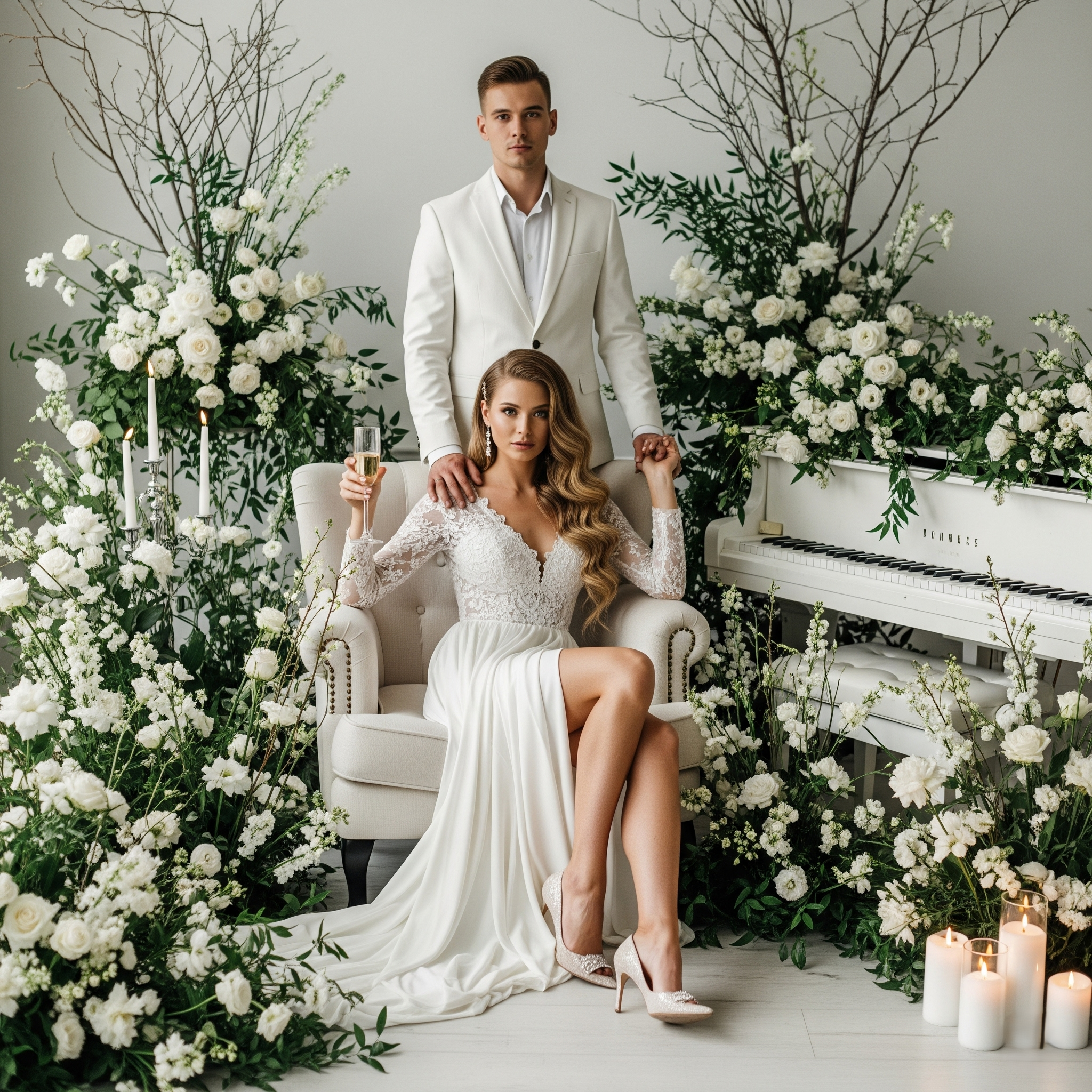 A bride and groom at their wedding, surrounded by white flowers, candles, and a white piano, with the bride sitting and holding a glass of champagne, and the groom standing behind her in a white suit.