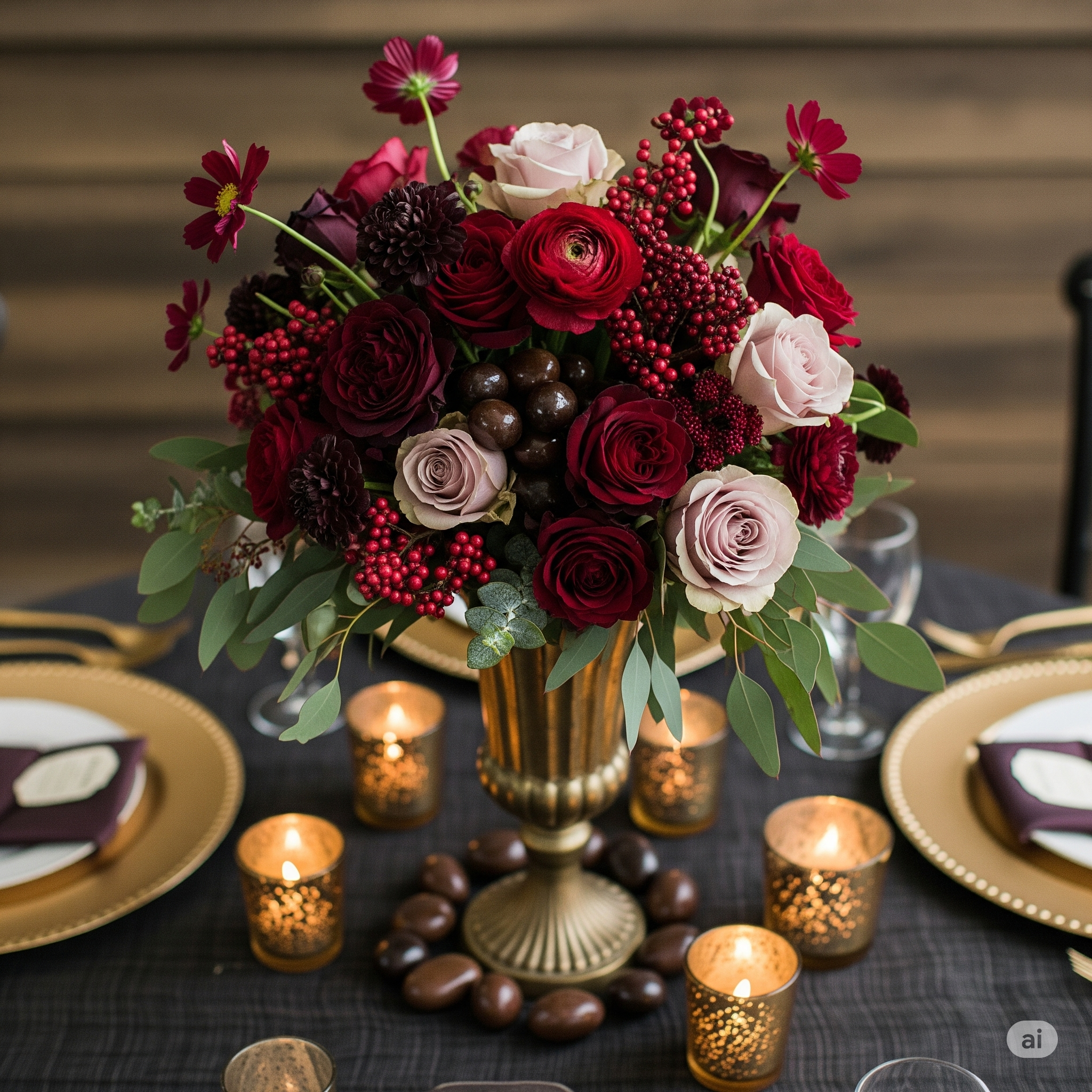 A bouquet of red, pink, and purple flowers, including roses and dahlias, arranged on a table with lit candles in decorative holders surrounding it.