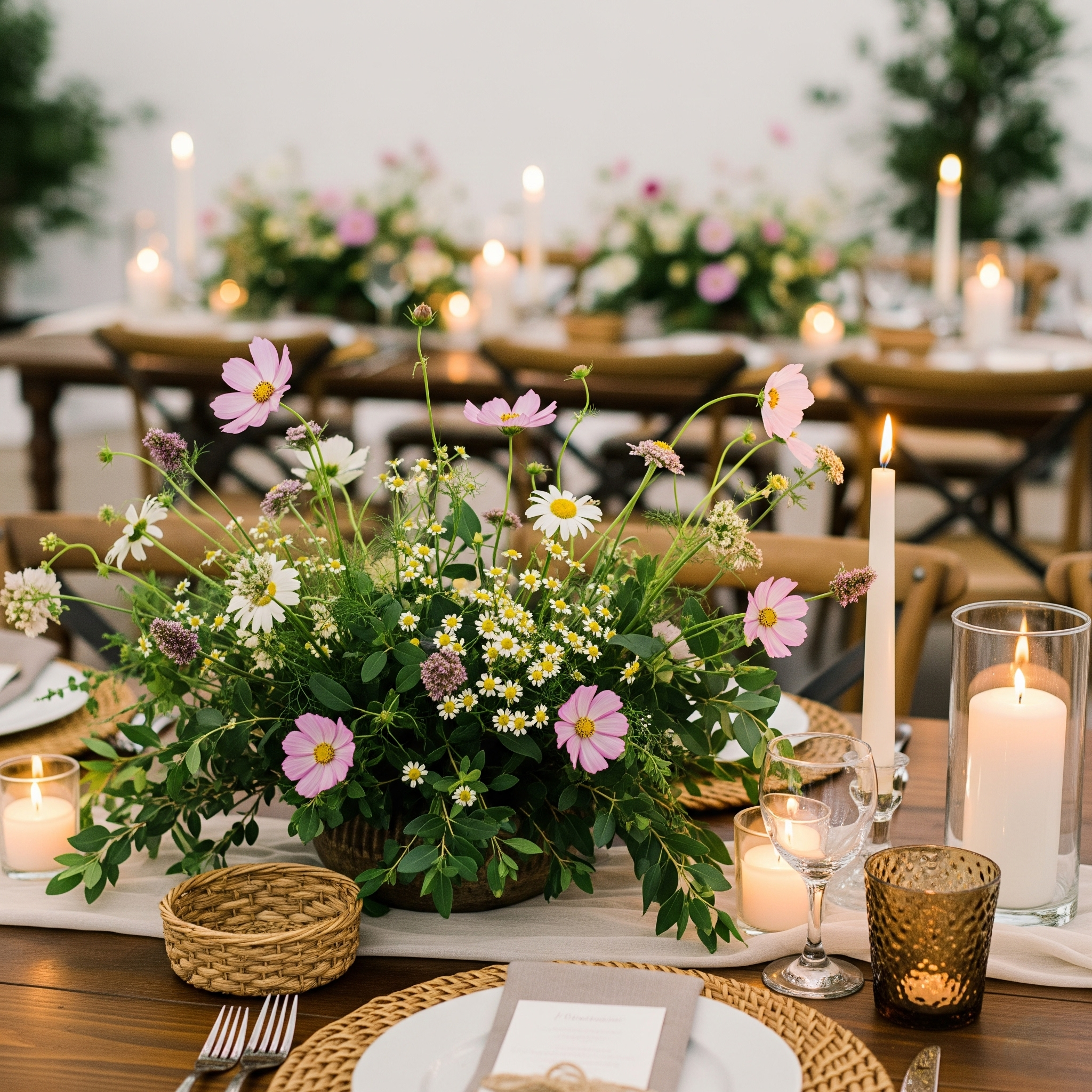 A centerpiece of pink and white flowers and green foliage on a table with candles and tableware at a decorated dining setup.