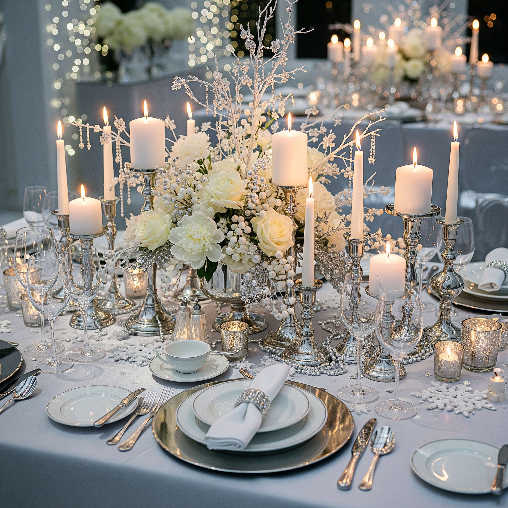 Elegant table setting with white candles, floral centerpiece, and fine china for a formal event.