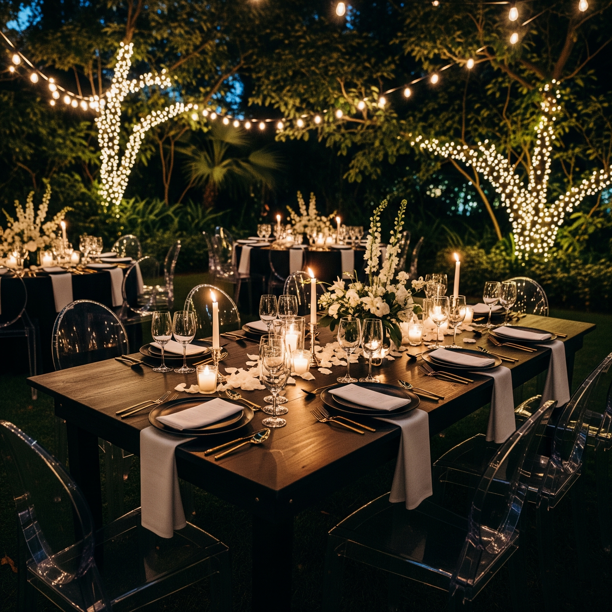An outdoor evening dinner party with elegantly set tables, lit by candles and string lights, surrounded by trees and lush greenery.