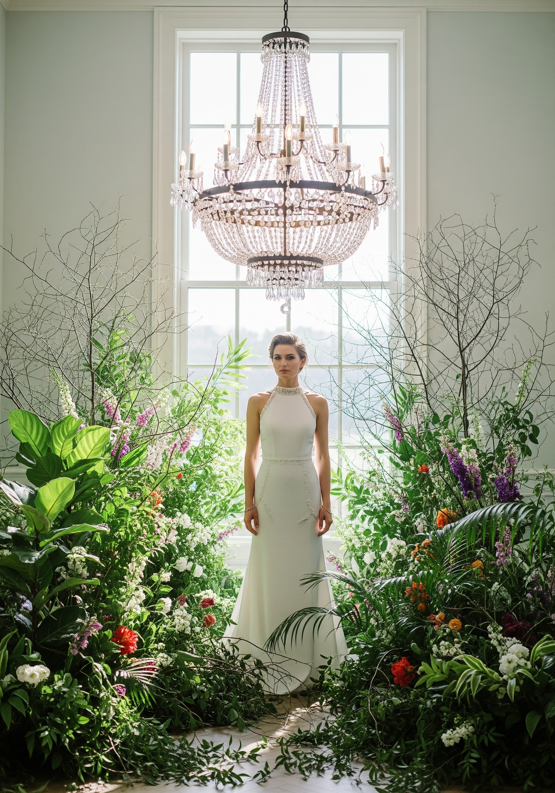 A woman in a white wedding dress standing amidst lush green plants and flowers, with a large chandelier hanging from the ceiling and a window behind her.