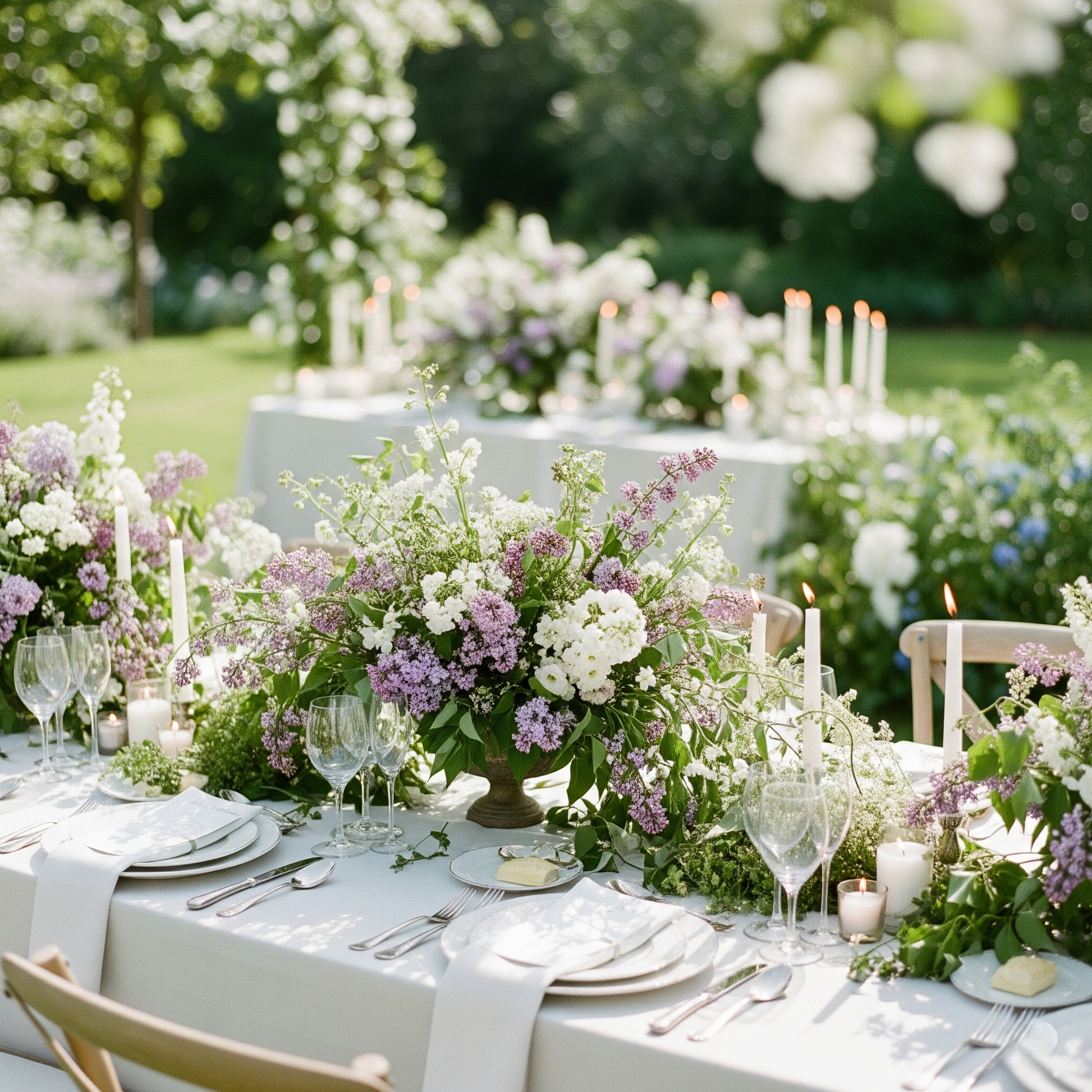 An outdoor table set for a celebration with white plates, silverware, wine glasses, and candles surrounded by pink and white flowers, with a lush green background and soft sunlight.