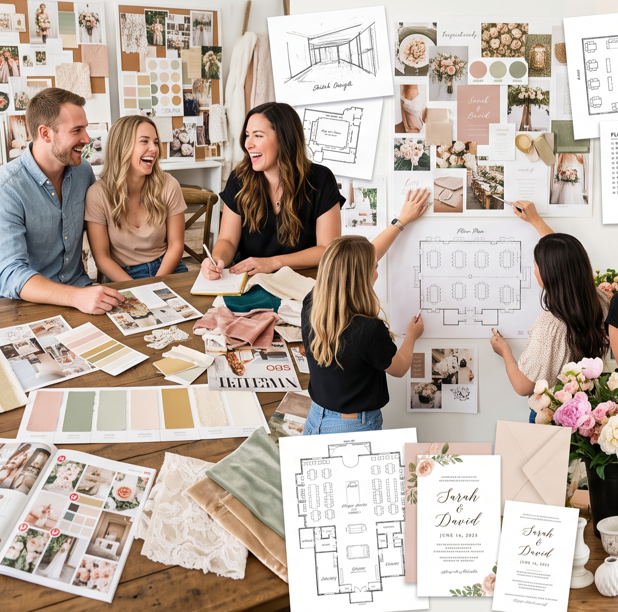 A group of five people, four women and one man, are sitting and standing around a table discussing wedding plans. They are smiling and pointing at mood boards, color swatches, and floor plans related to wedding decor and arrangements. The background features wall displays with photos, sketches, and mood boards with floral and interior design themes, along with wedding invitations and fabric samples on the table.