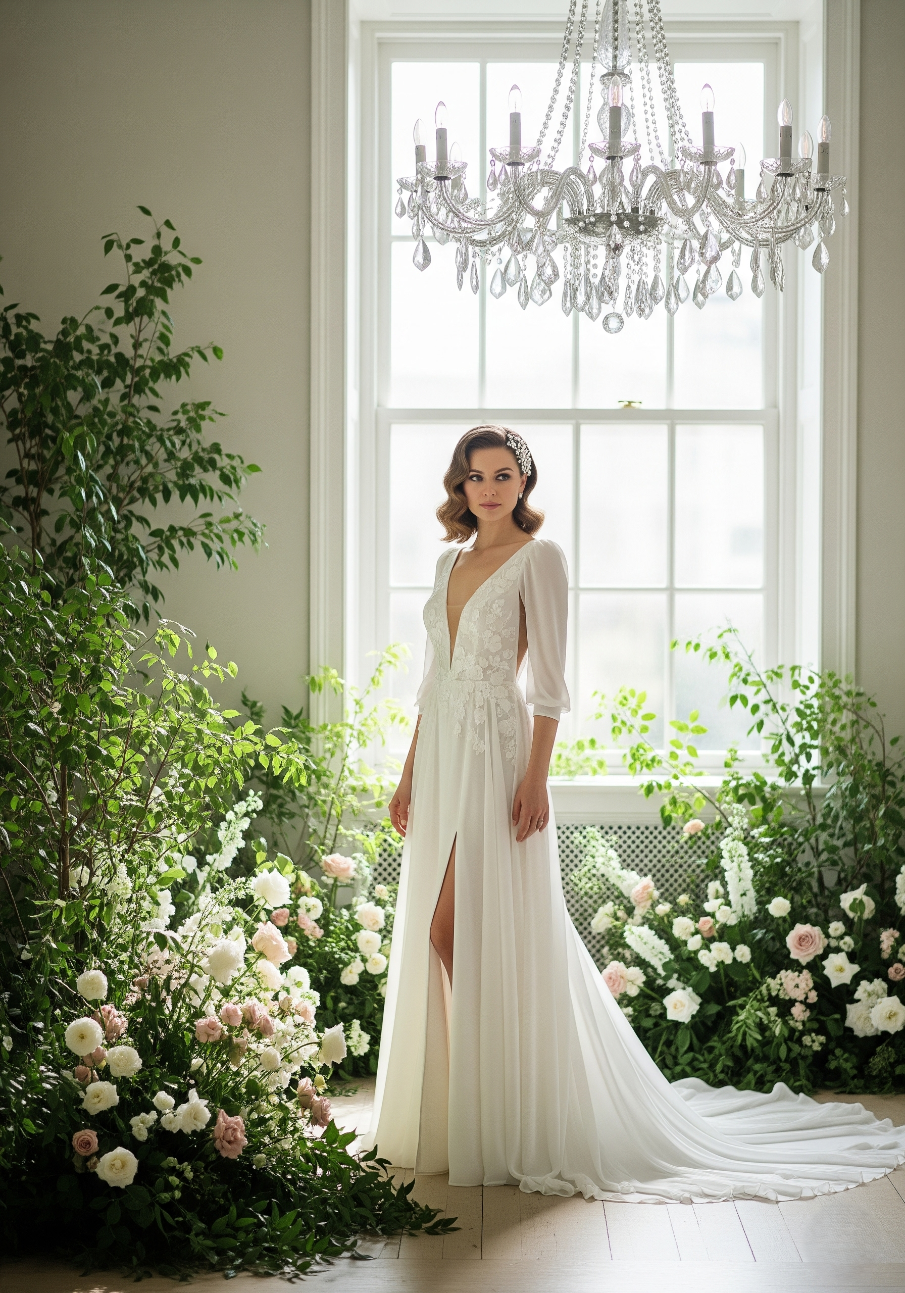A woman in a white wedding dress standing among flowers and greenery, with a large window and a crystal chandelier above.