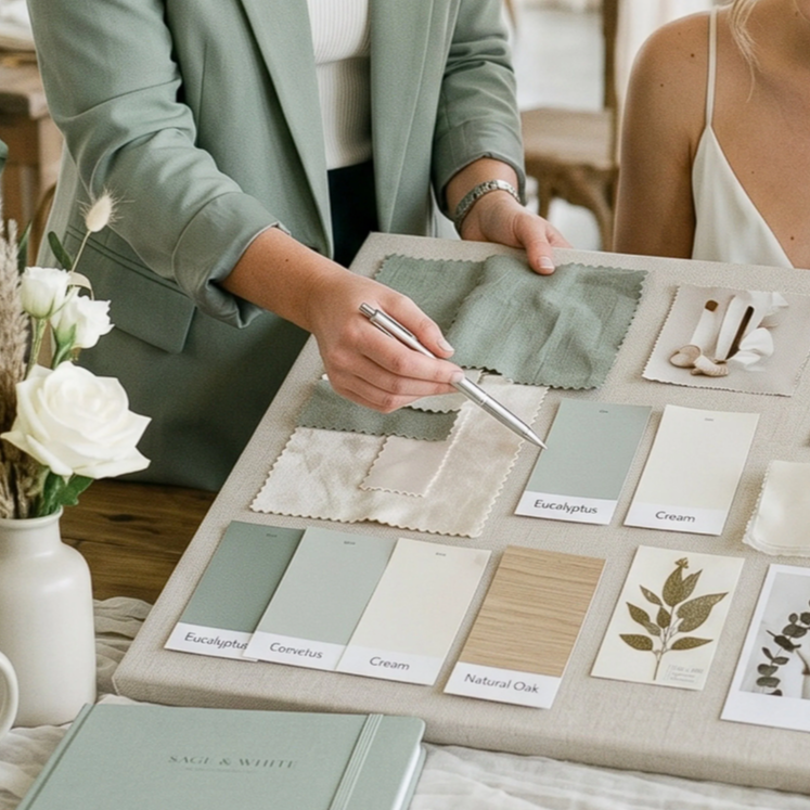Person showing fabric samples and paint swatches on a table, including shades of eucalyptus, cream, natural oak, and corletus, with white flowers in a vase nearby.