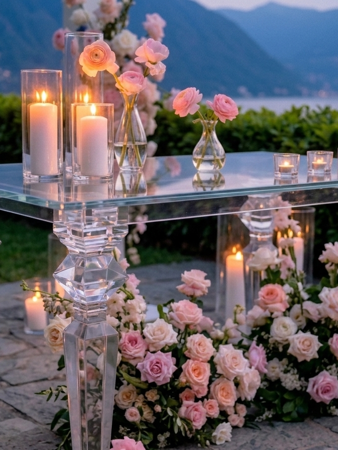 A clear acrylic table decorated with pink and white roses, lit candles in glass holders, set outdoors during evening with mountains and a lake in the background.