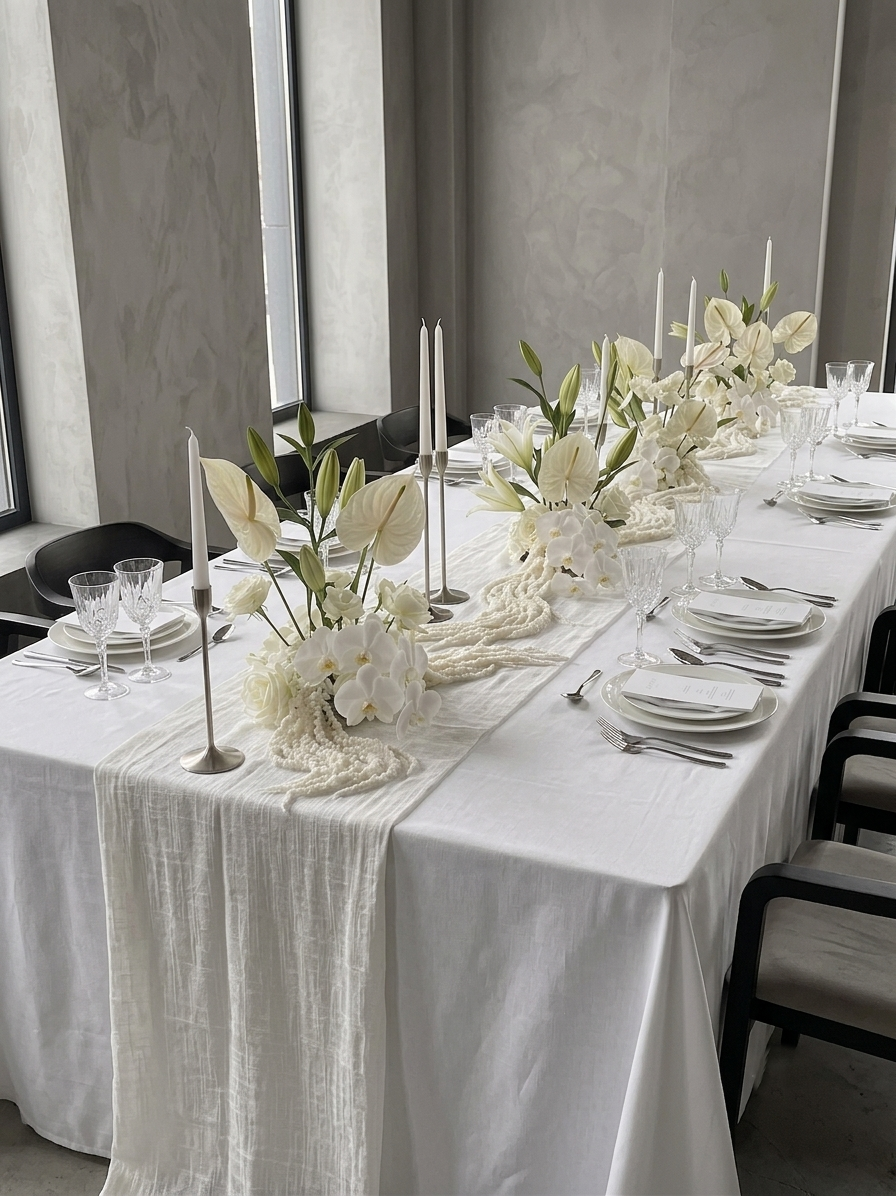 Elegant dining table decorated with white flowers, candles, and fine glassware, set for a formal event.
