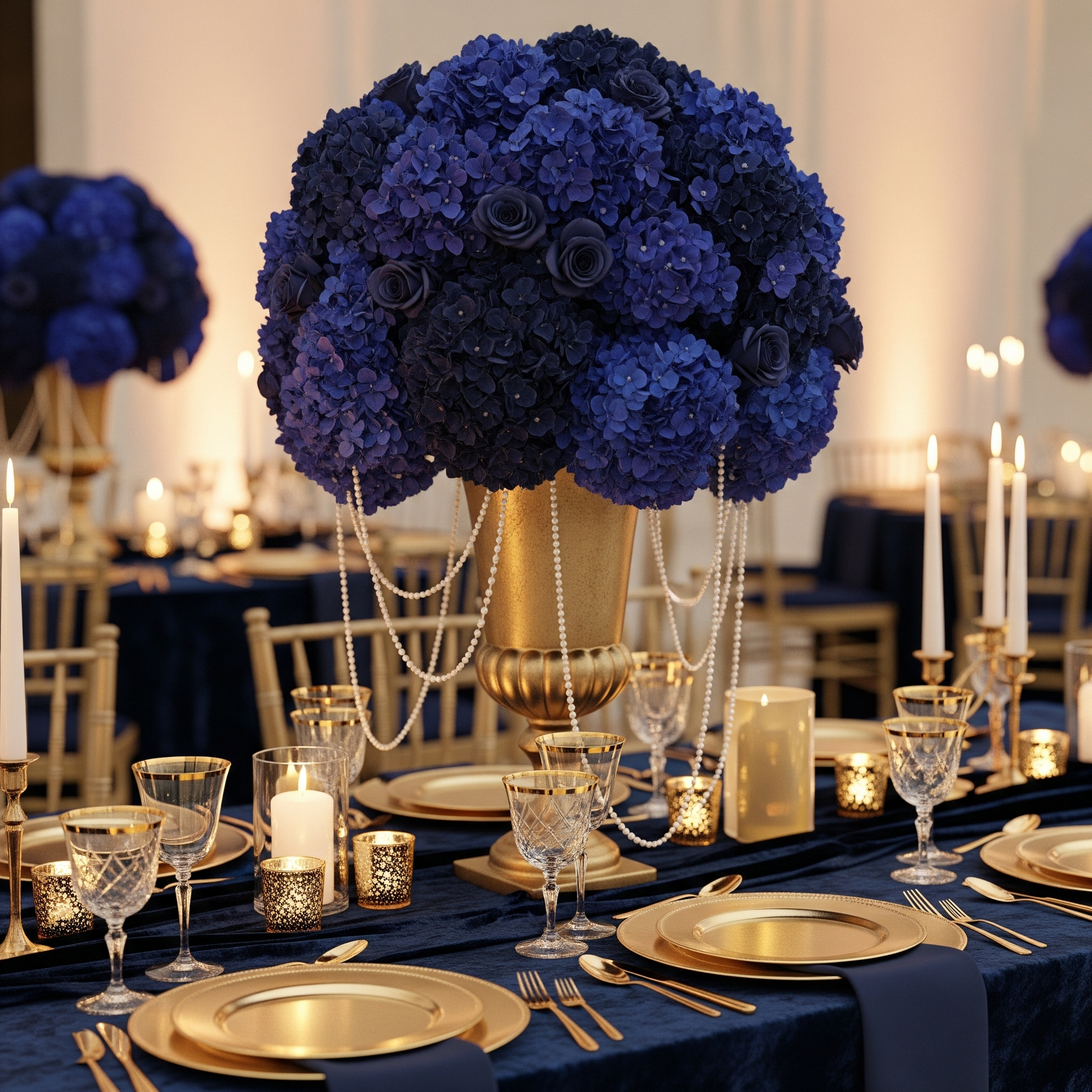Elegant table setting with a central floral arrangement of blue hydrangeas and dark roses, gold and white dinnerware, crystal glasses, and candles on a dark blue tablecloth.