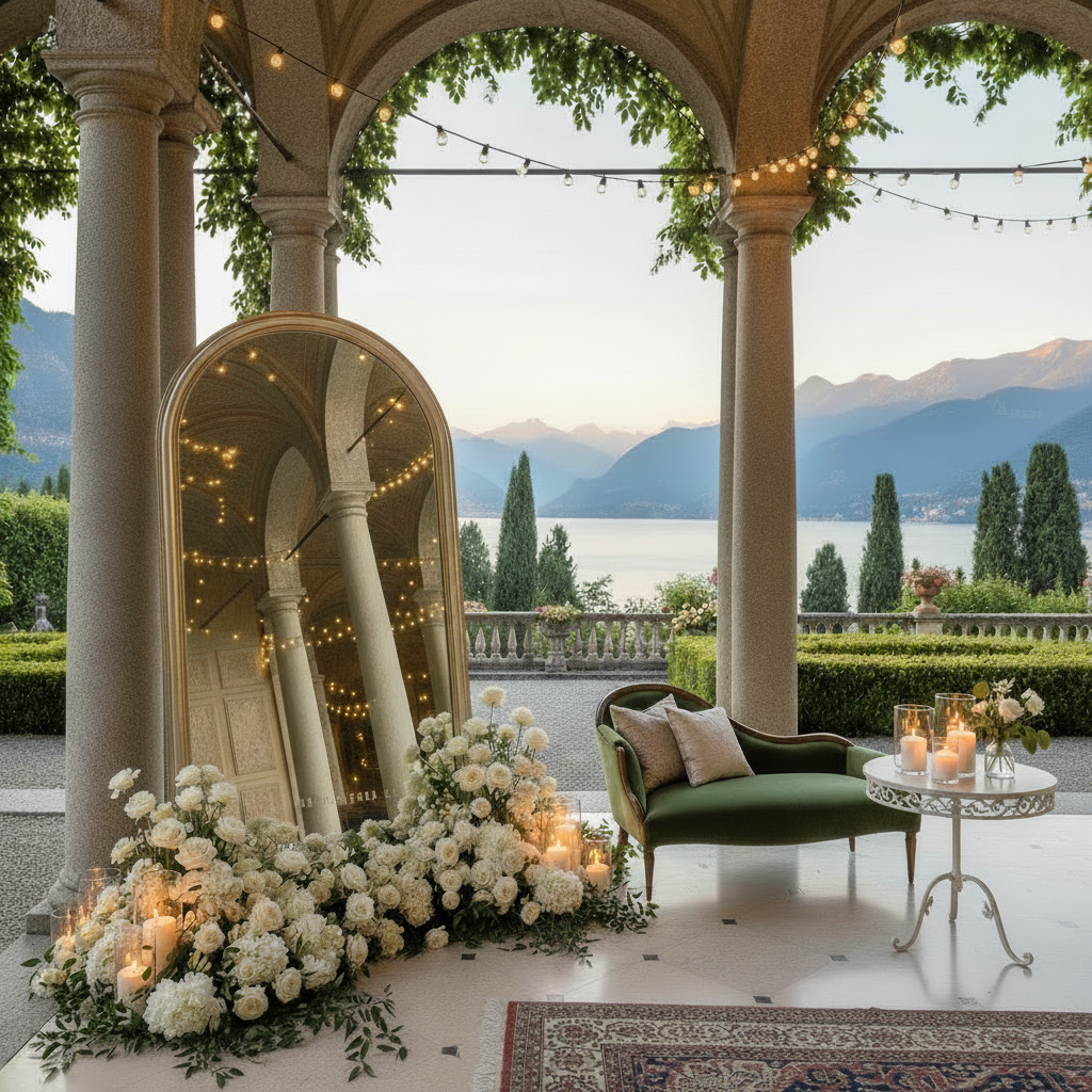 Elegant outdoor terrace with a large mirror, floral arrangements, candles, and string lights, overlooking a scenic lake and mountain landscape.