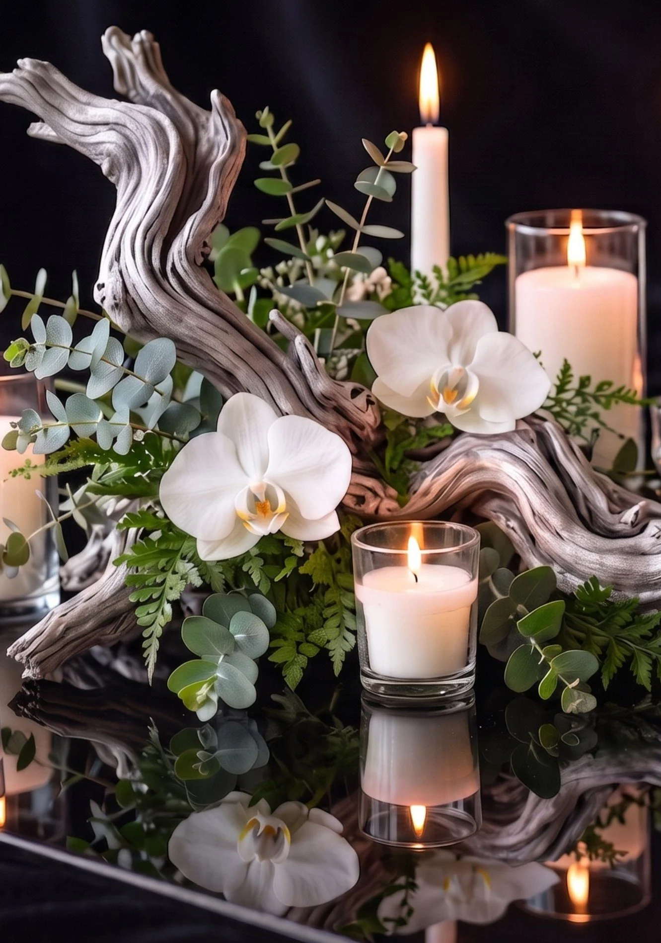 A floral arrangement with white orchids, green foliage, driftwood, and lit white candles in glass holders against a dark background.