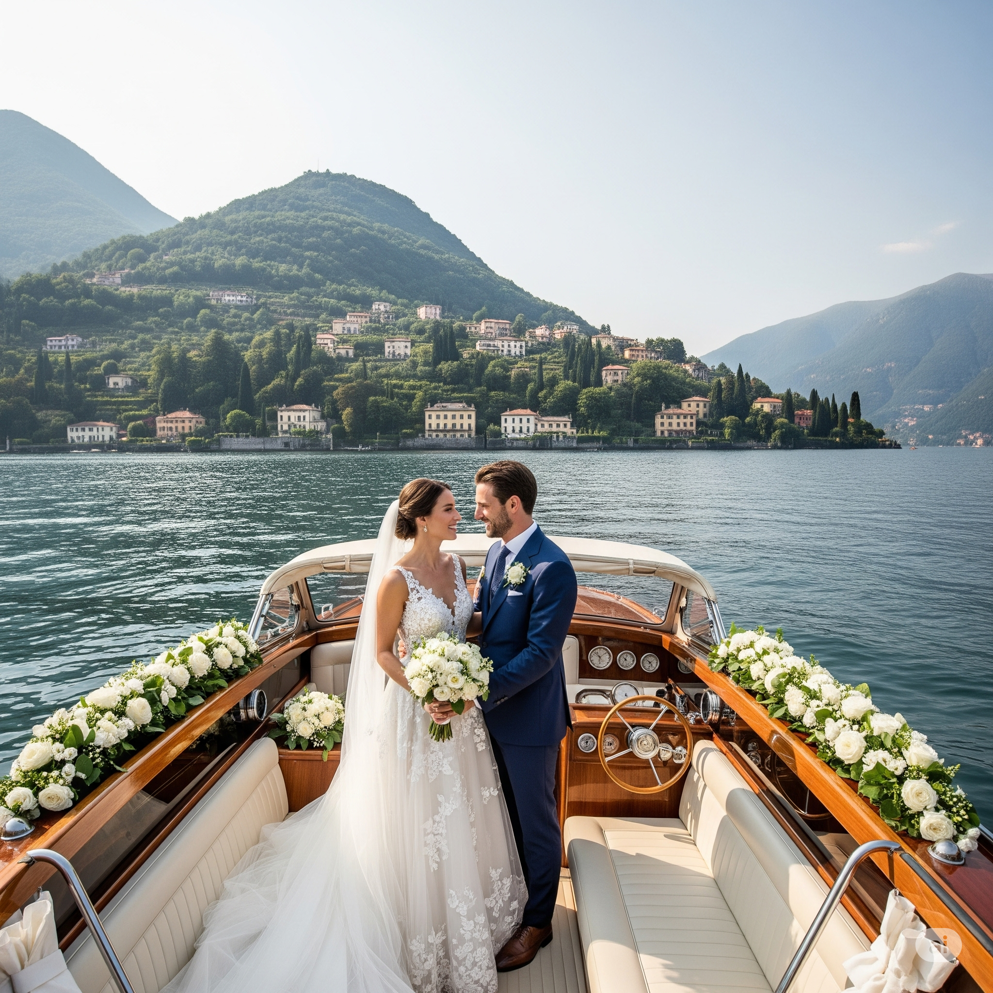 A bride and groom on a boat, dressed in wedding attire, with the bride in a white lace gown holding a bouquet of white flowers, and the groom in a blue suit, smiling at each other with a lake and green hills in the background.