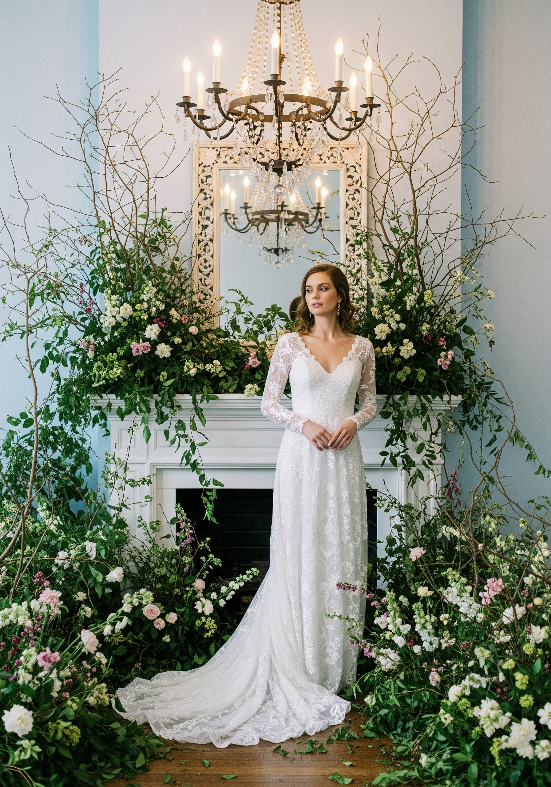 A woman in a white lace wedding dress standing in front of a decorated fireplace with floral arrangements and a large mirror, a chandelier above her, in an elegant interior.