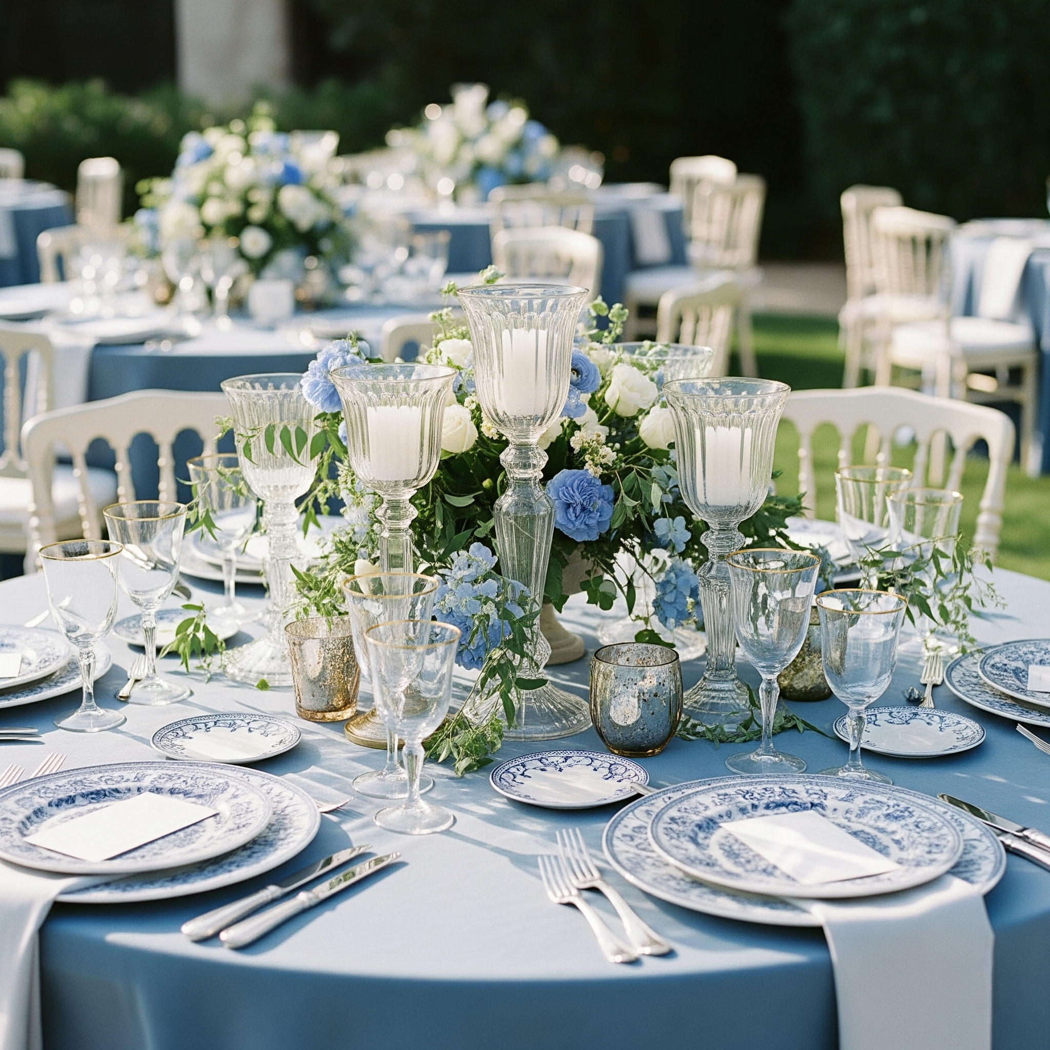 Elegant outdoor dining table set with glass candle holders, floral centerpieces, white plates with blue patterns, silverware, and chairs, suggesting preparation for a formal event or celebration.