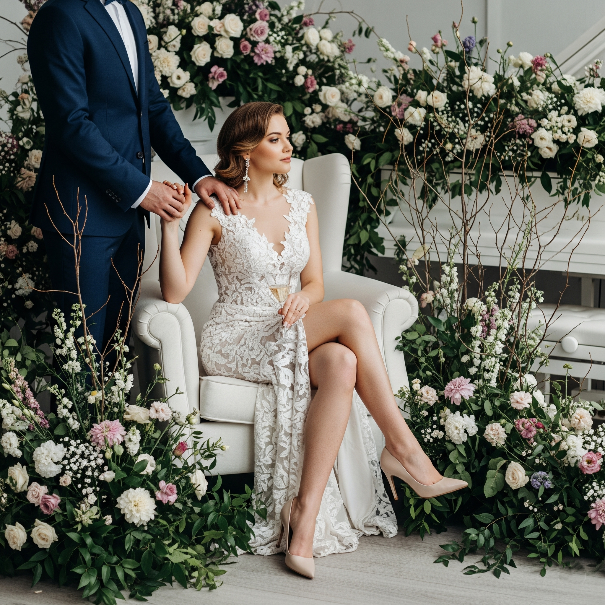 A woman in a lace wedding dress sitting on a white chair with her legs crossed, in front of a large floral arrangement. A man, dressed in a navy suit, is standing beside her holding her hand. The scene appears to be from a wedding or bridal photoshoot.
