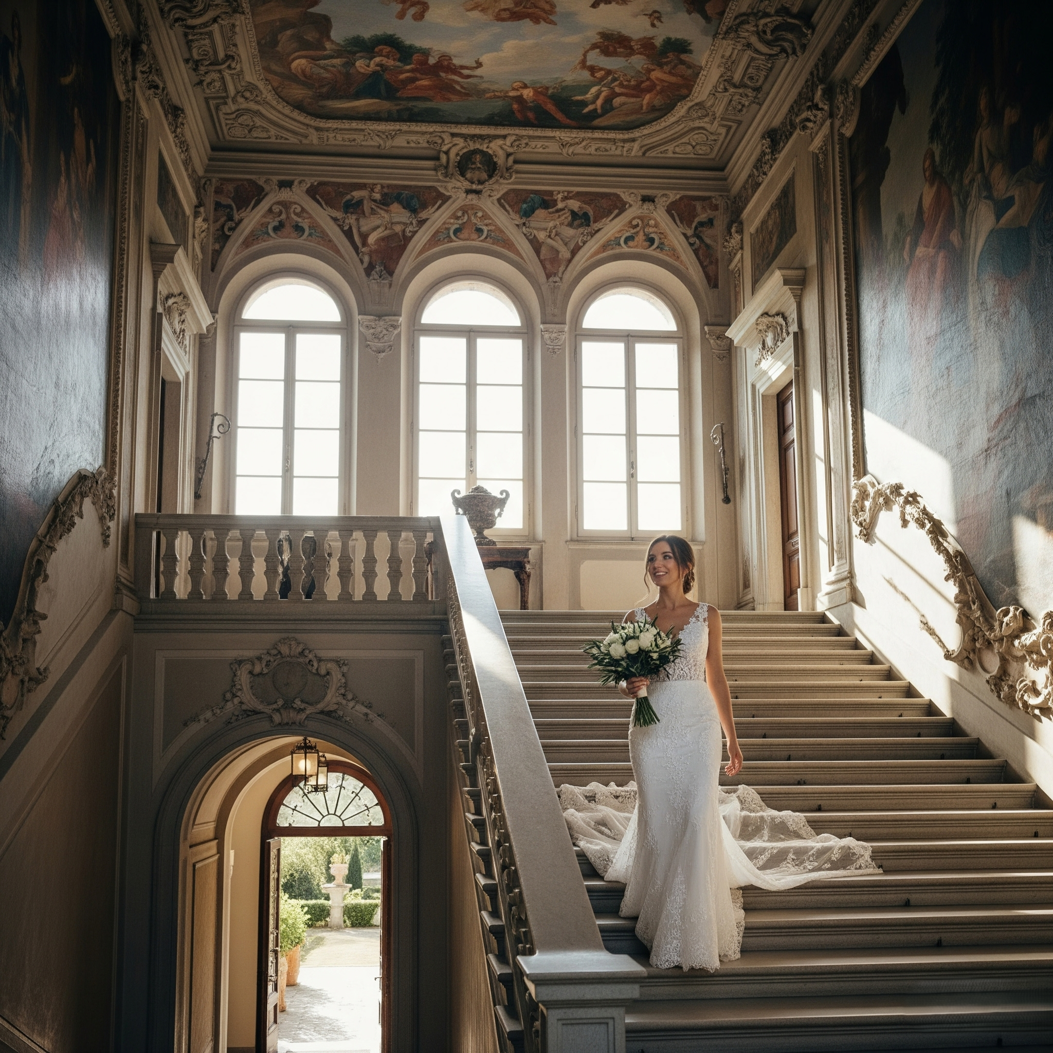 A woman in a wedding dress holding a bouquet standing on a staircase inside a grand, ornate building with large windows and detailed murals on the ceiling.